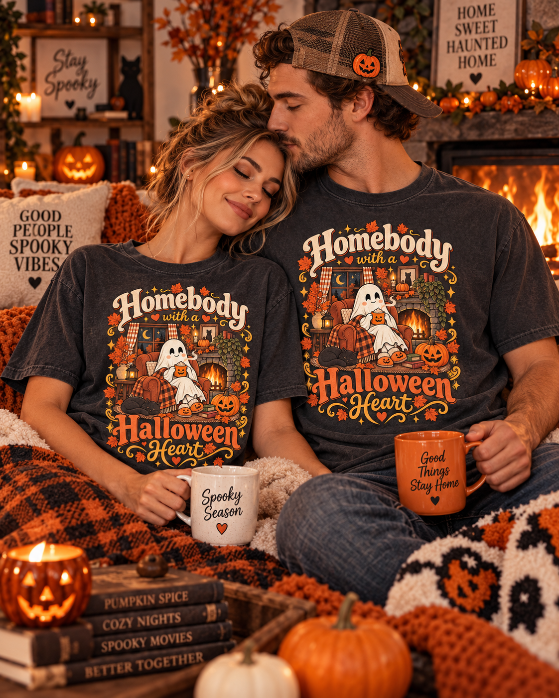 Homebody Halloween Heart T-Shirt — Cozy Ghost Pumpkin Fall Tee