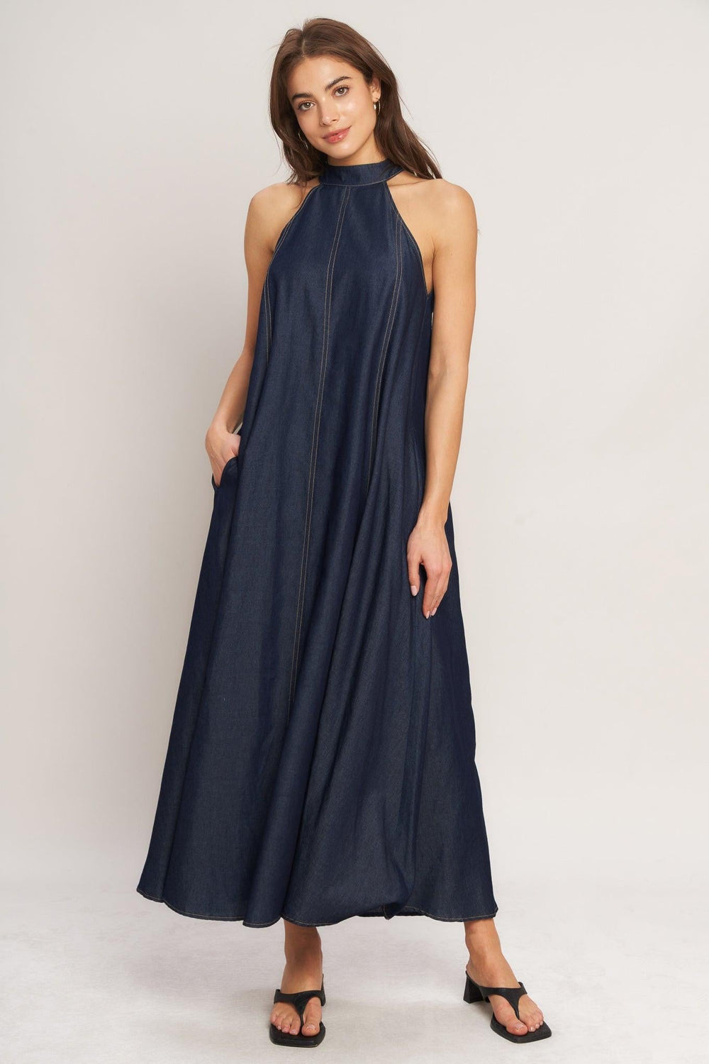 MIDNIGHT FLOW WOVEN MIDI HALTER DRESS | Boutique In USA, DRESSES, $ 76.00, A Moment Of Now™