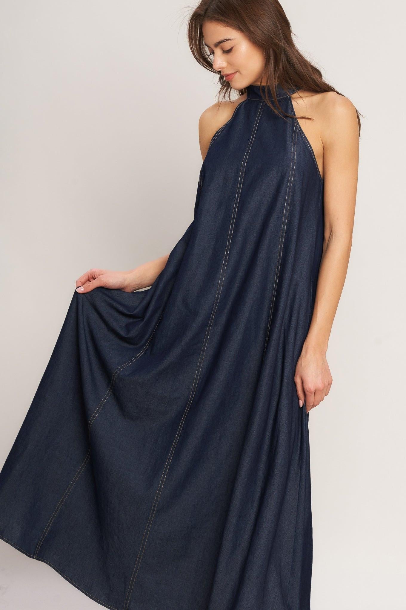 MIDNIGHT FLOW WOVEN MIDI HALTER DRESS | Boutique In USA, DRESSES, $ 76.00, A Moment Of Now™