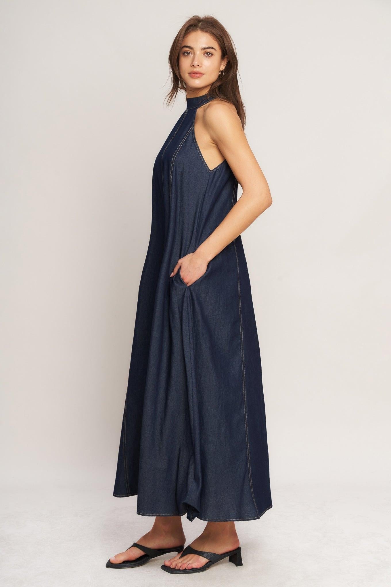 MIDNIGHT FLOW WOVEN MIDI HALTER DRESS | Boutique In USA, DRESSES, $ 76.00, A Moment Of Now™