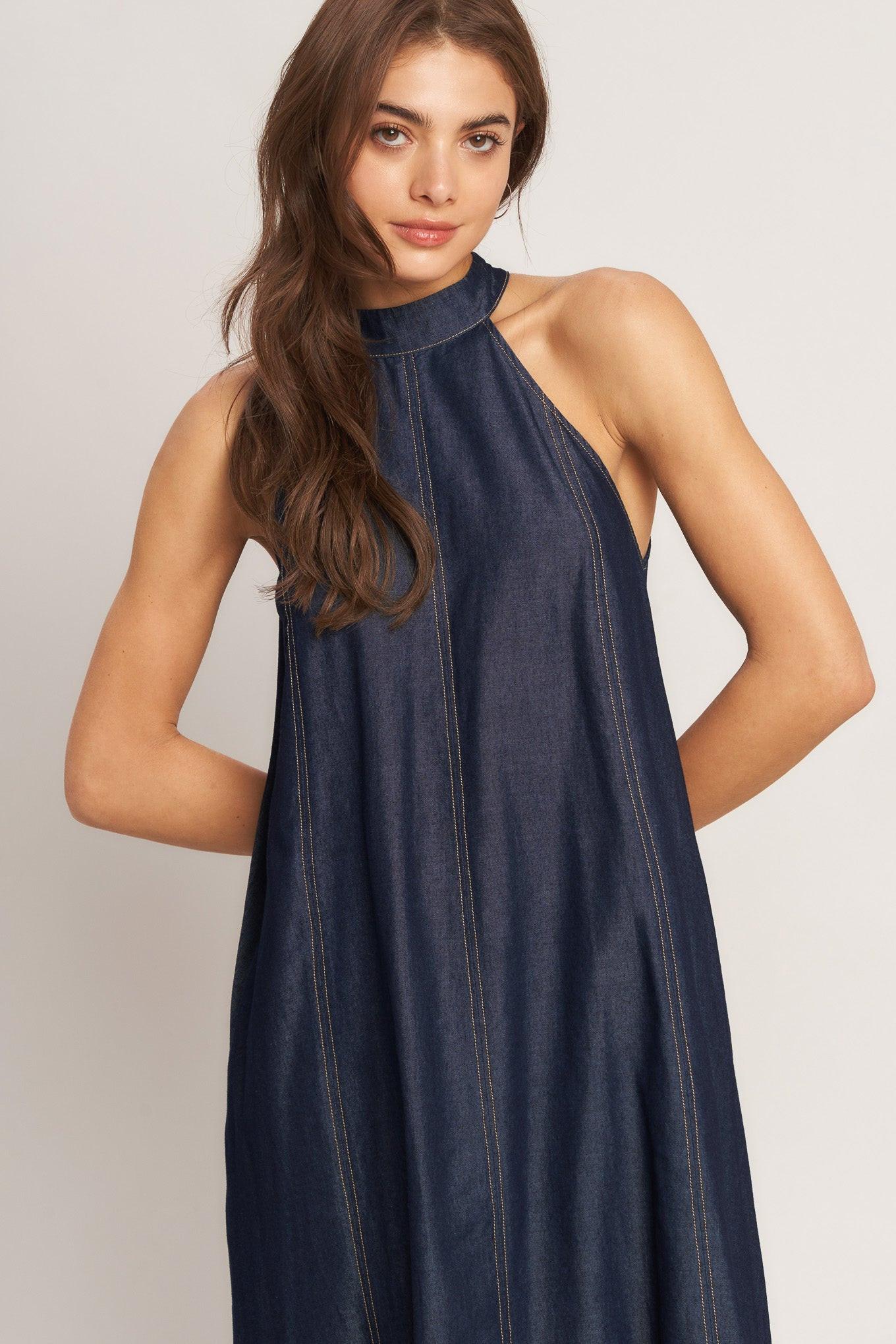 MIDNIGHT FLOW WOVEN MIDI HALTER DRESS | Boutique In USA, DRESSES, $ 76.00, A Moment Of Now™