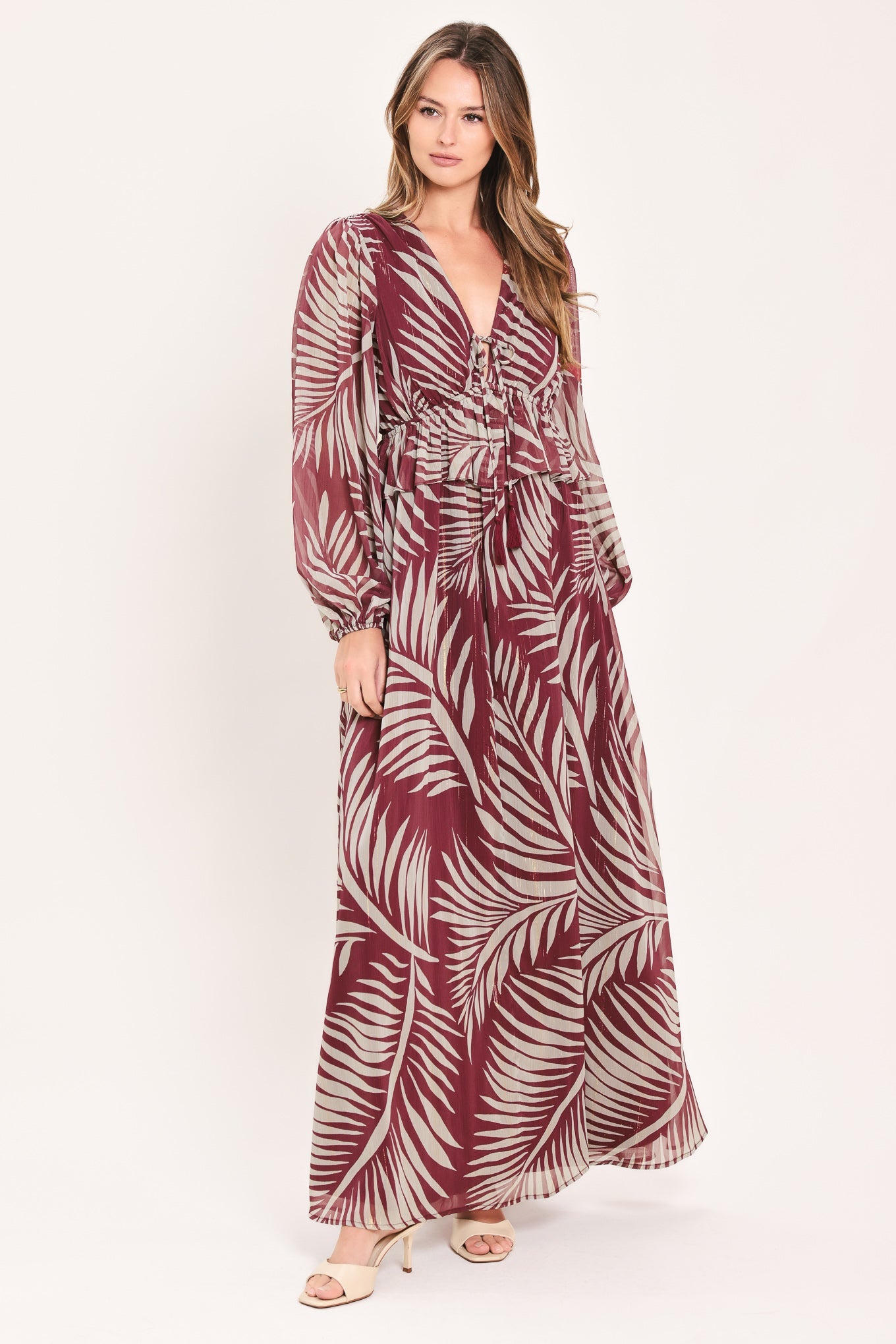 Merlot Leaves In Motion Woven Maxi Dress