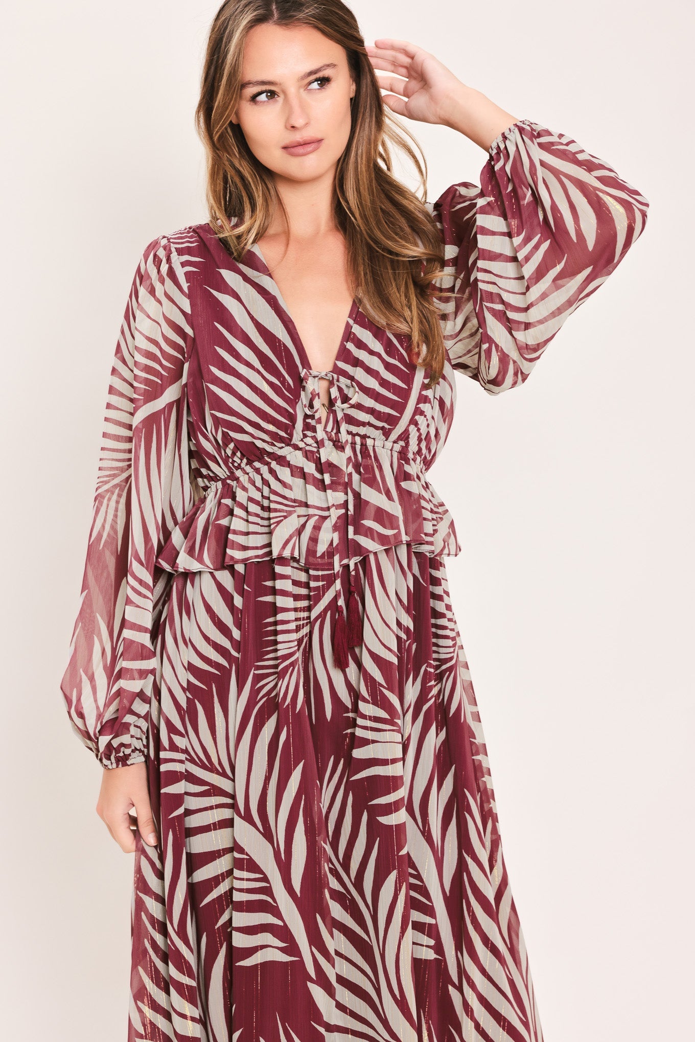 Merlot Leaves In Motion Woven Maxi Dress