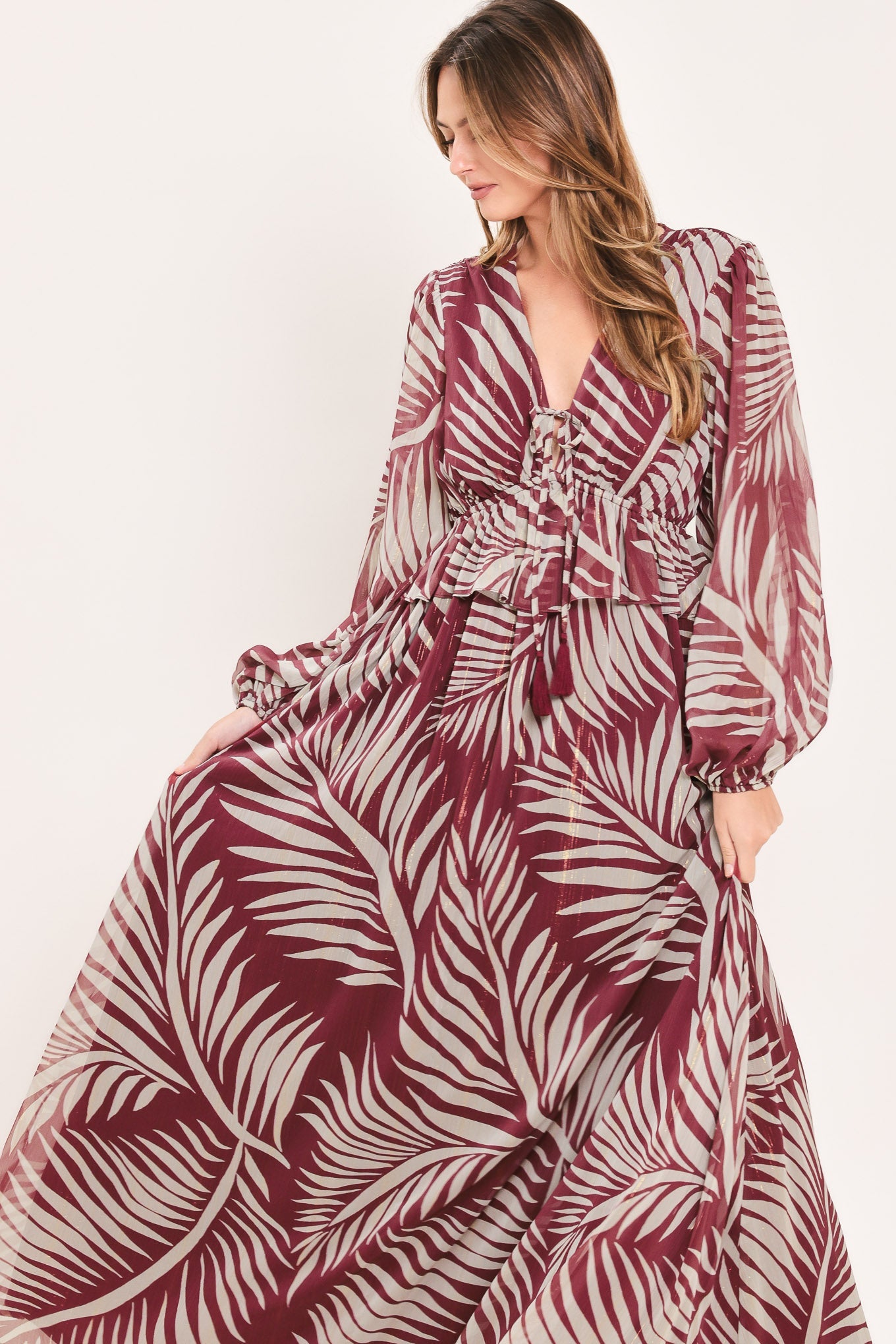 Merlot Leaves In Motion Woven Maxi Dress