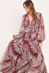 Merlot Leaves In Motion Woven Maxi Dress