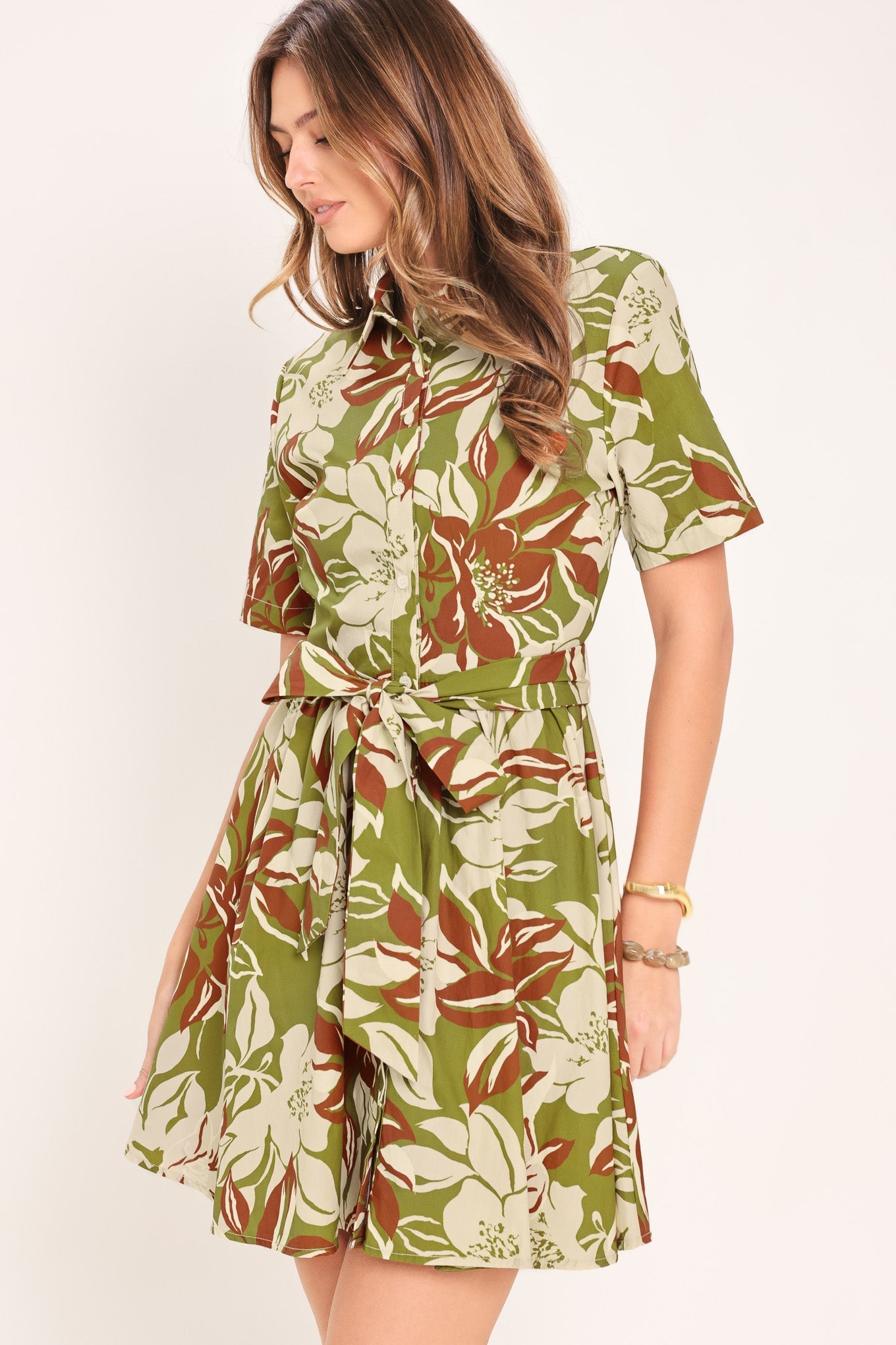 Verdant Escape Woven Mini Shirt Dress