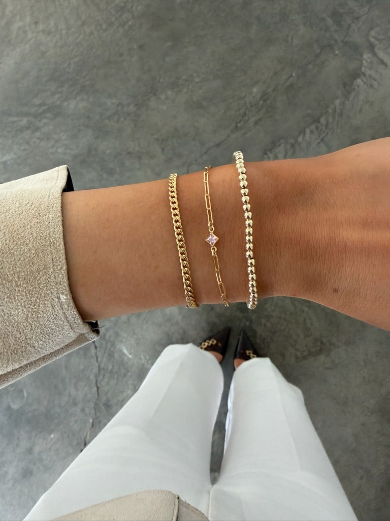birthstone + gabi curb + juno bead (3mm) bracelet stack, Bracelets, $ 175.00, A Moment Of Now™