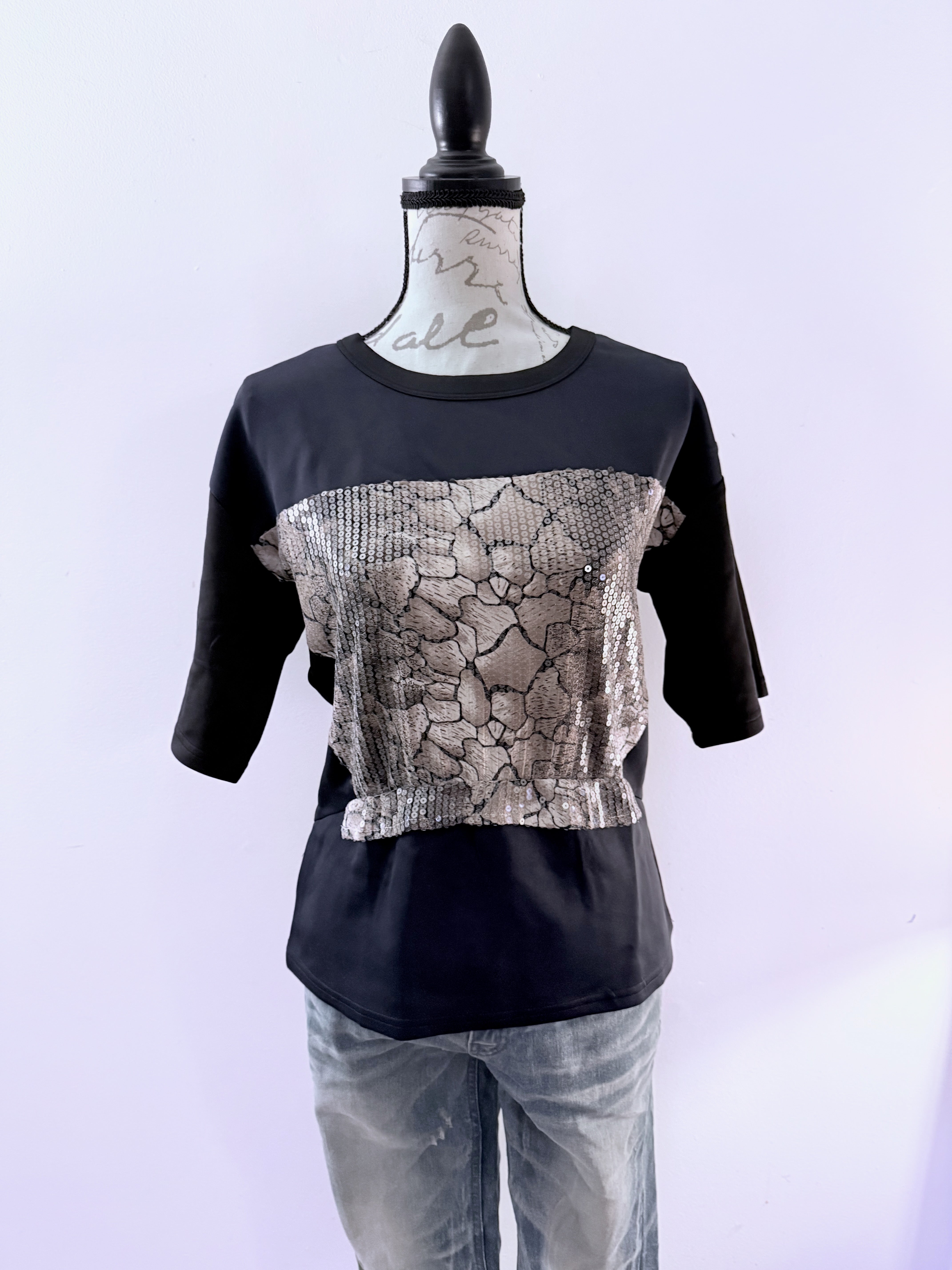 Blue Snake Print Sequin Panel Short Sleeve Top Blouse Style Peplum Hem