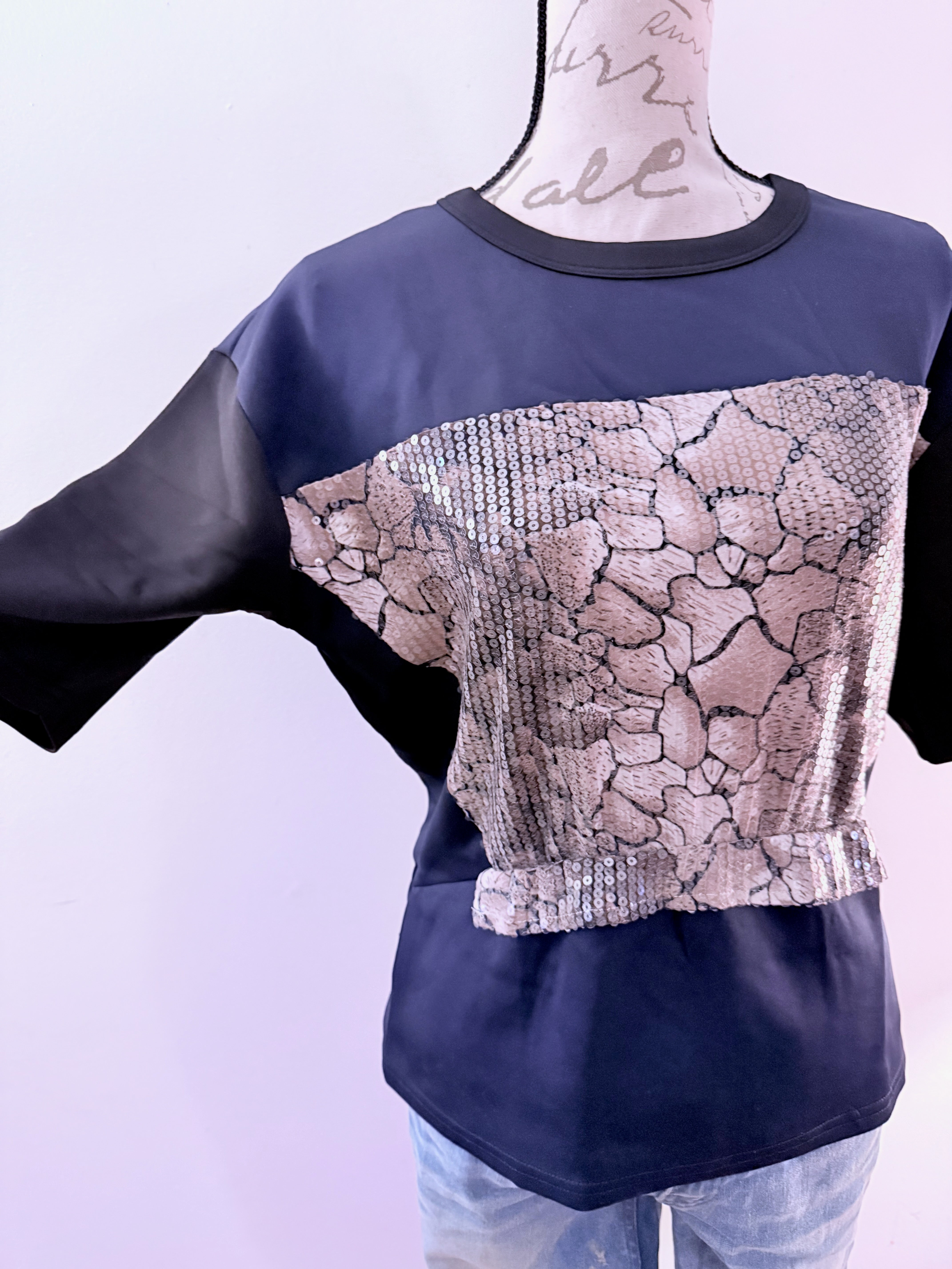 Blue Snake Print Sequin Panel Short Sleeve Top Blouse Style Peplum Hem