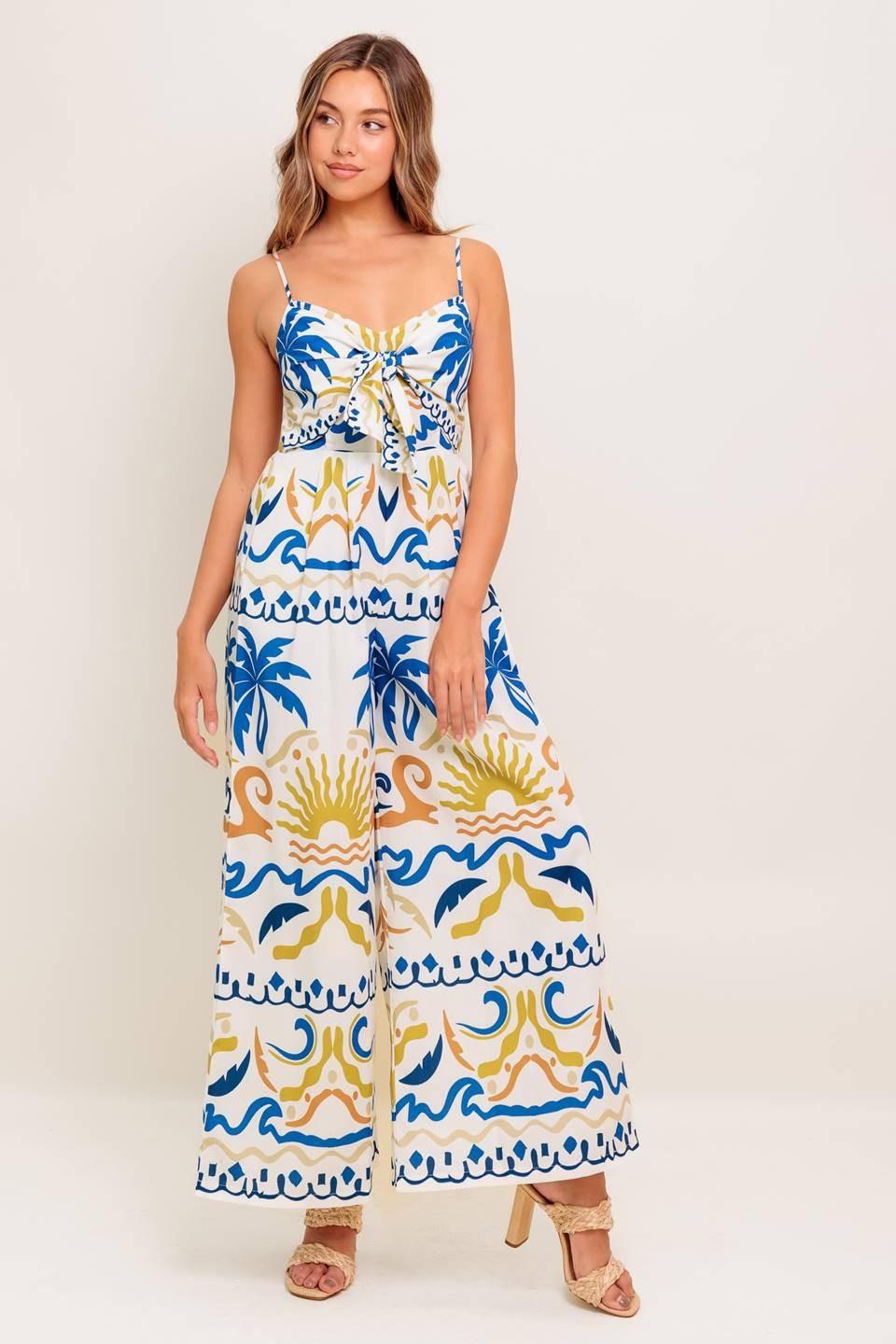 Vacay Glow Ivory Blue Woven Jumpsuit