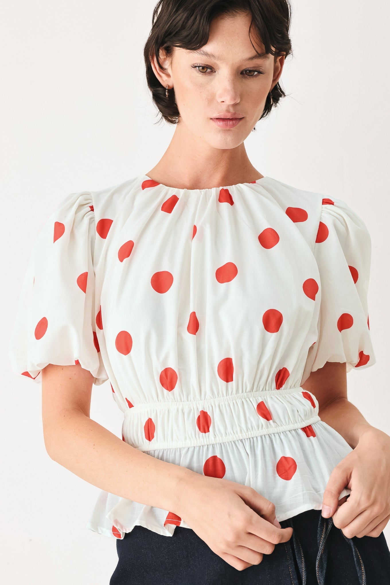 CHERRY KISS POLKA DOT WOVEN TOP | Boutique In USA, TOPS, $ 50.00, A Moment Of Now™