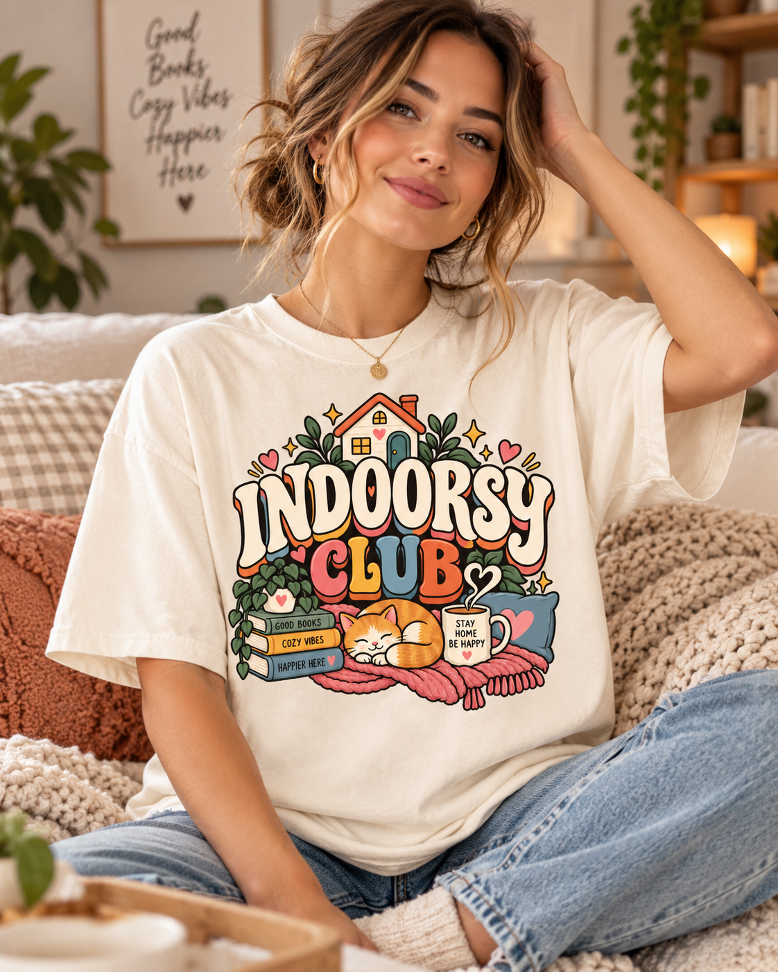 Indoorsy Club T-Shirt — Cozy Homebody Graphic Tee (Cat, Books, Tea)