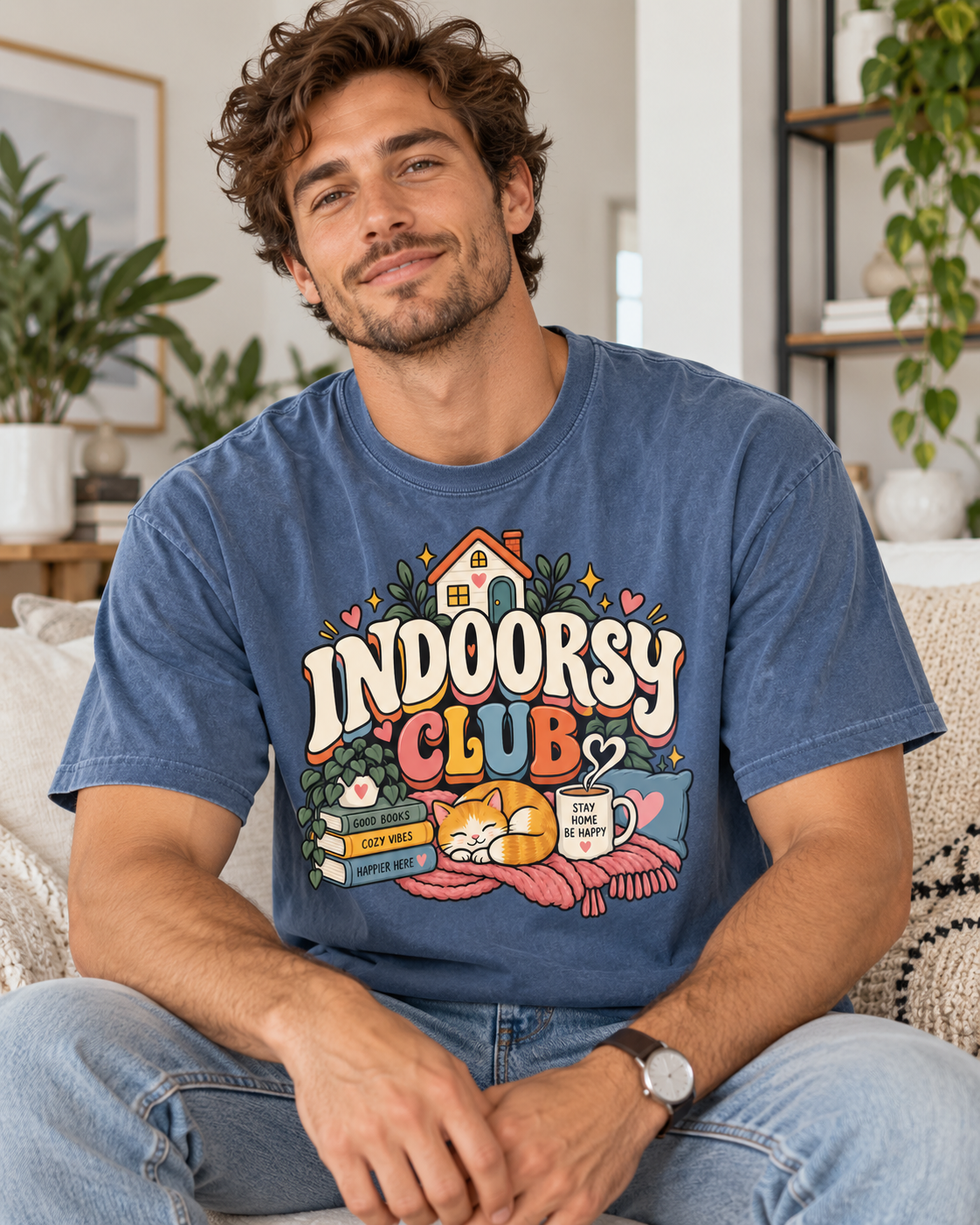 Indoorsy Club T-Shirt — Cozy Homebody Graphic Tee (Cat, Books, Tea)
