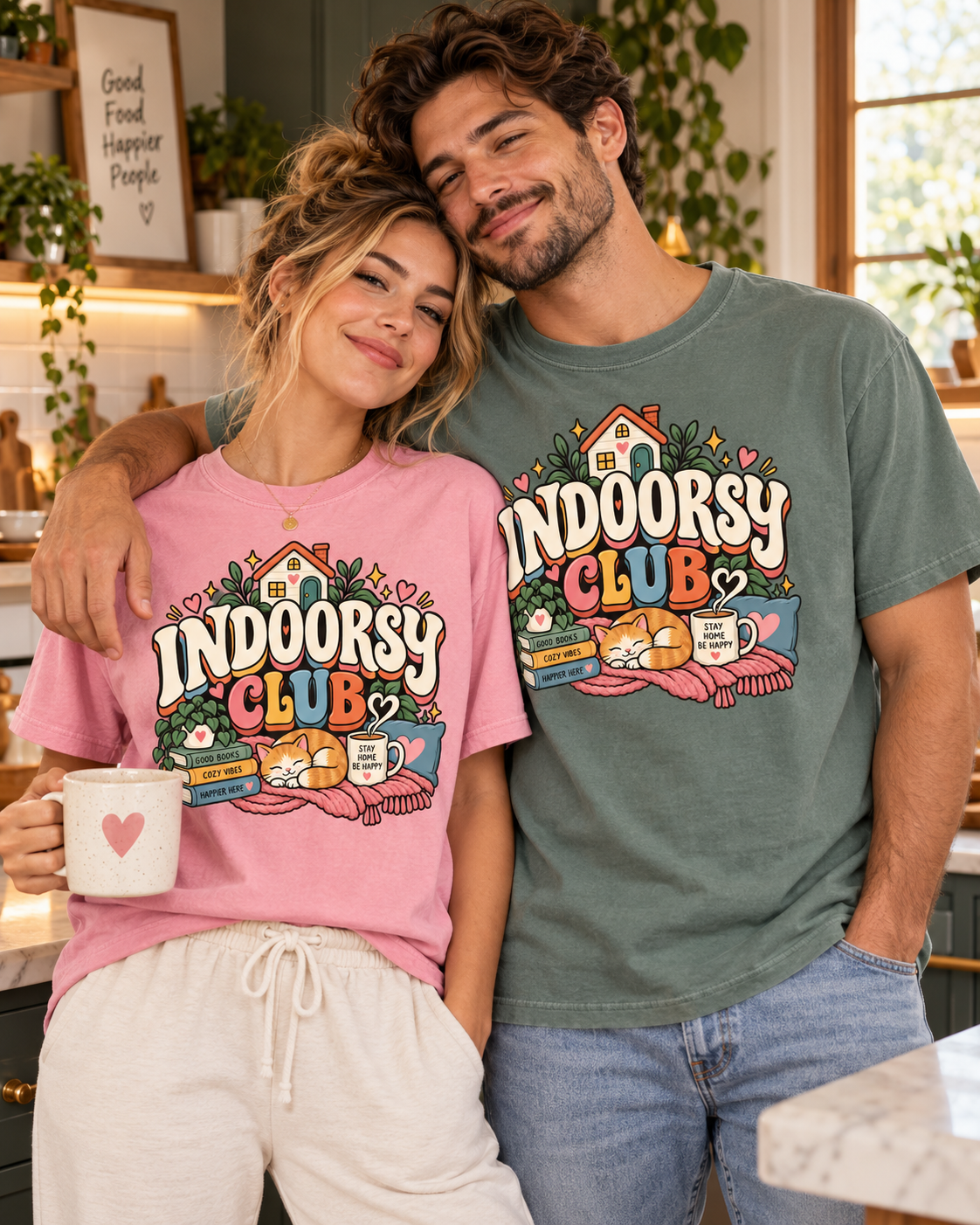 Indoorsy Club T-Shirt — Cozy Homebody Graphic Tee (Cat, Books, Tea)
