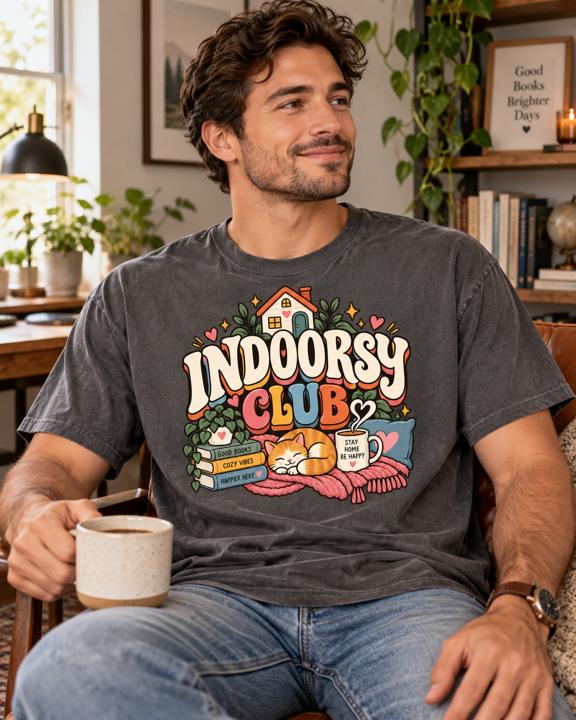 Indoorsy Club T-Shirt — Cozy Homebody Graphic Tee (Cat, Books, Tea)
