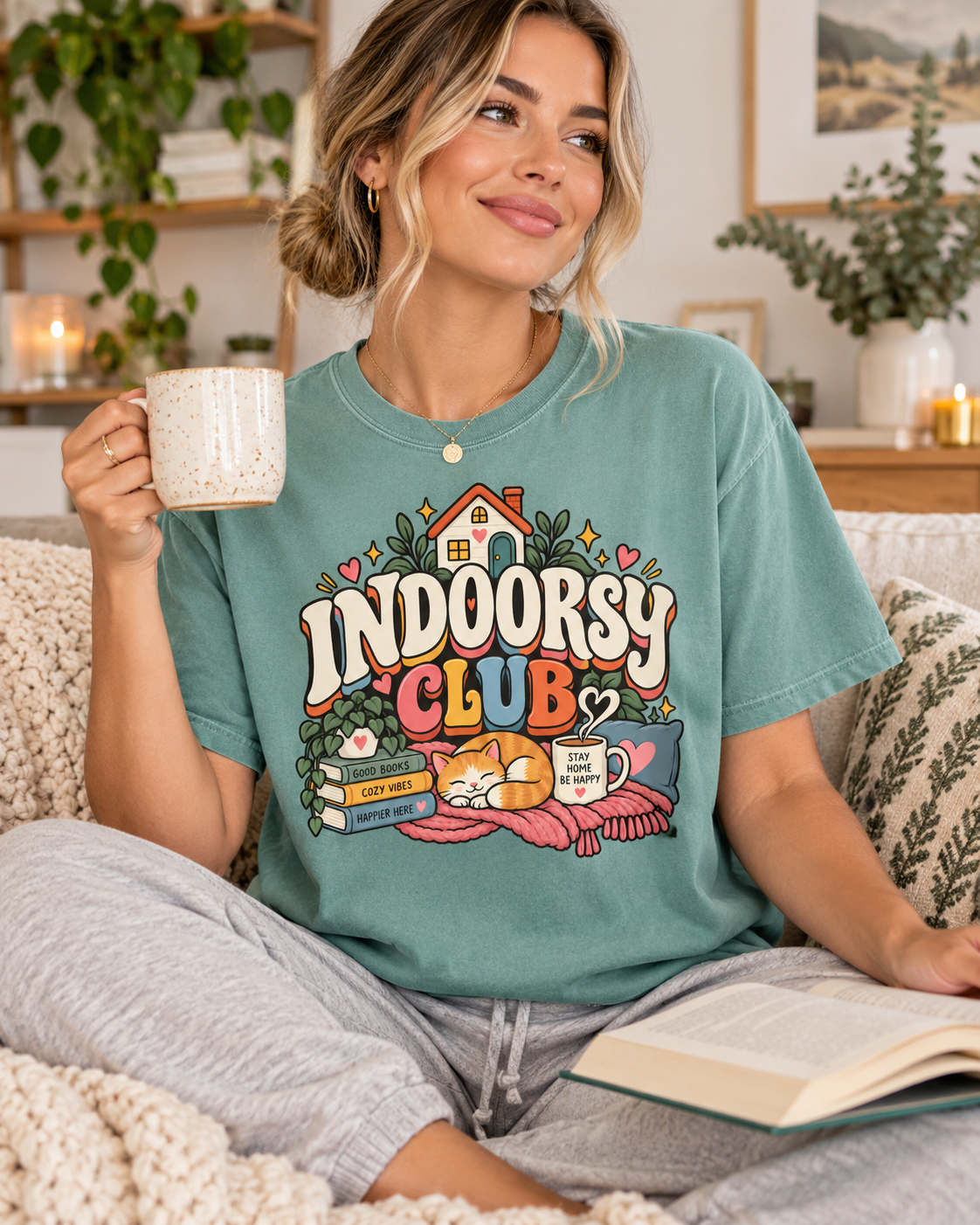 Indoorsy Club T-Shirt — Cozy Homebody Graphic Tee (Cat, Books, Tea)