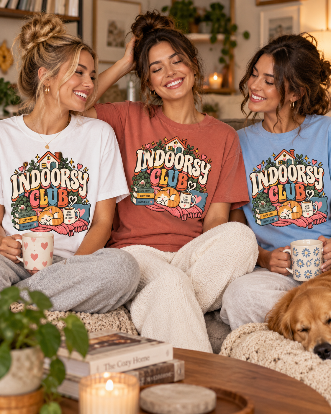 Indoorsy Club T-Shirt — Cozy Homebody Graphic Tee (Cat, Books, Tea)