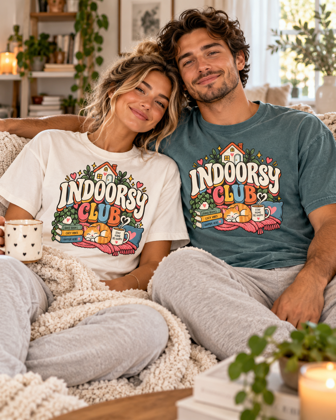 Indoorsy Club T-Shirt — Cozy Homebody Graphic Tee (Cat, Books, Tea)