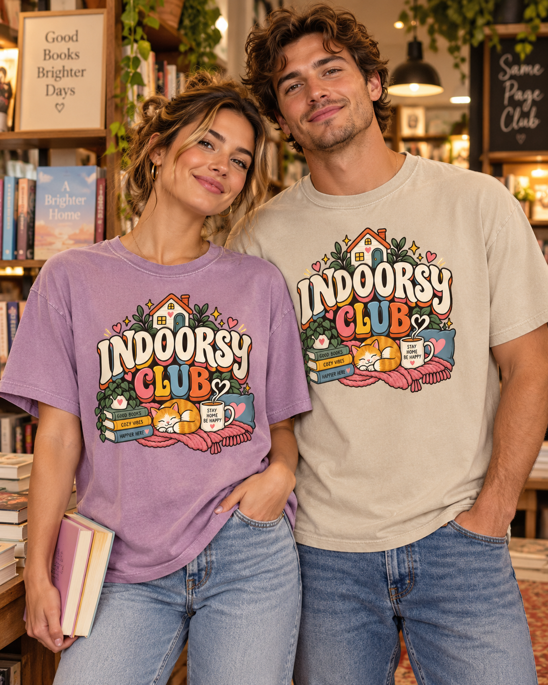 Indoorsy Club T-Shirt — Cozy Homebody Graphic Tee (Cat, Books, Tea)
