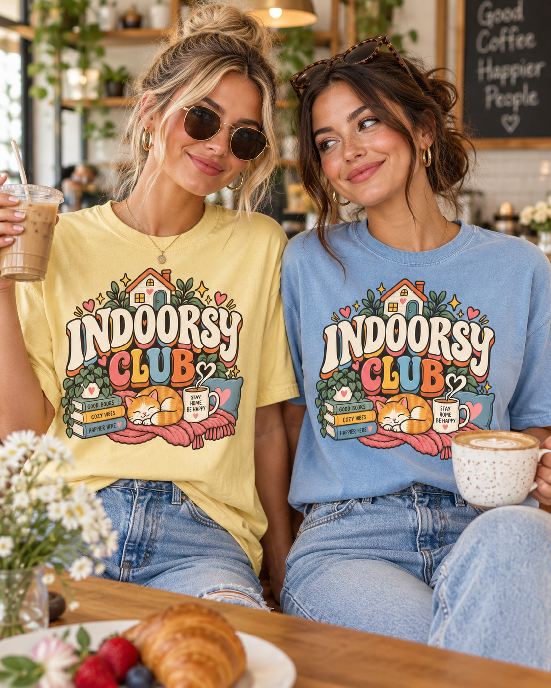 Indoorsy Club T-Shirt — Cozy Homebody Graphic Tee (Cat, Books, Tea)
