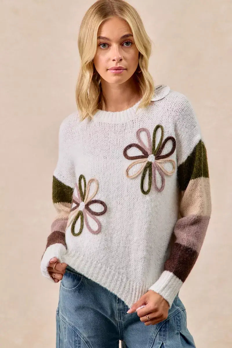 Ivory Flower Color Block Sweater for Stylish Wardrobe, Sweaters, $ 55.00, A Moment Of Now™