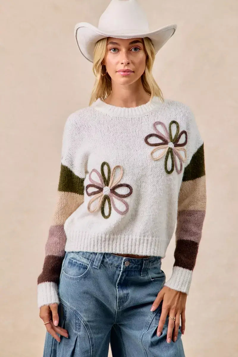 Ivory Flower Color Block Sweater for Stylish Wardrobe, Sweaters, $ 55.00, A Moment Of Now™