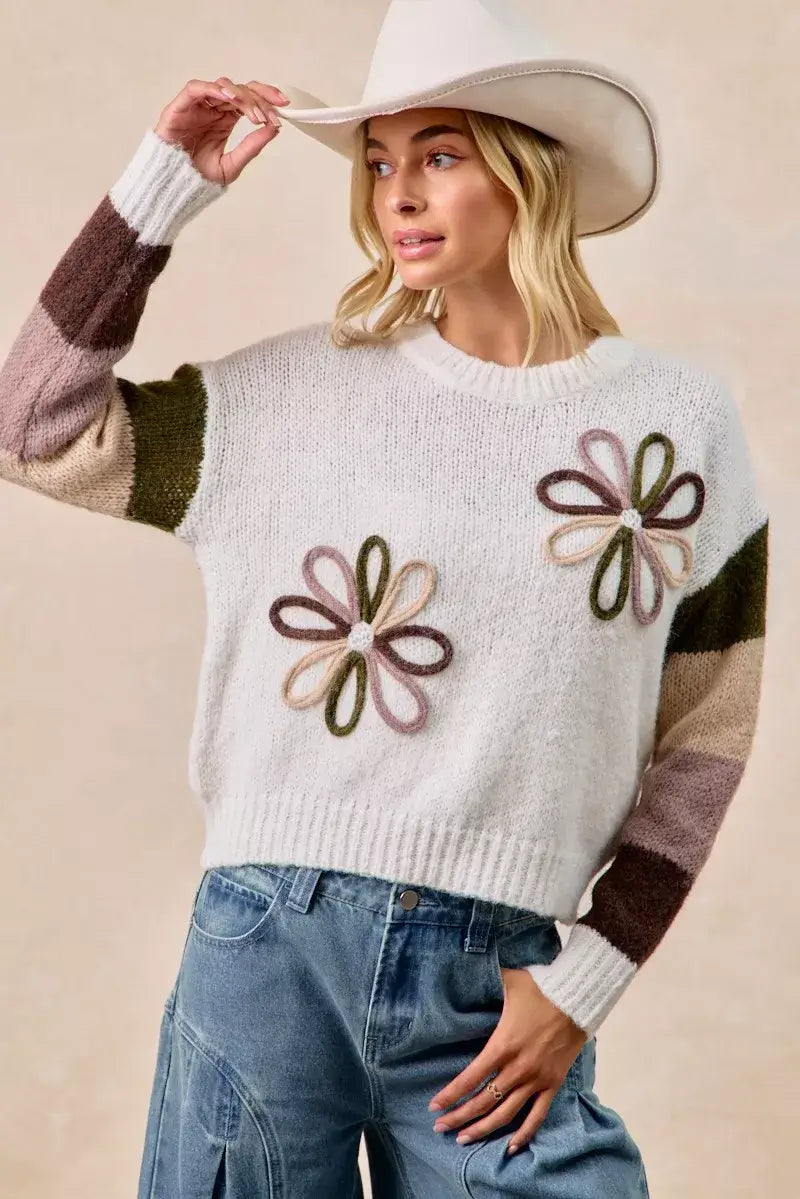 Ivory Flower Color Block Sweater for Stylish Wardrobe, Sweaters, $ 55.00, A Moment Of Now™