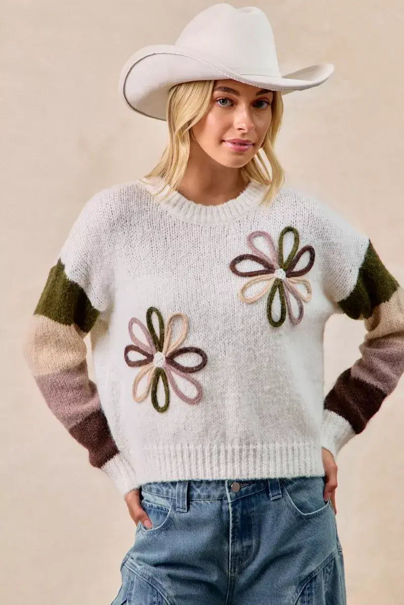 Ivory Flower Color Block Sweater for Stylish Wardrobe, Sweaters, $ 55.00, A Moment Of Now™