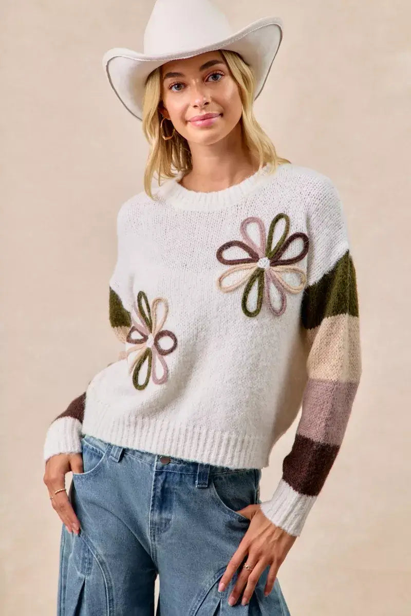 Ivory Flower Color Block Sweater for Stylish Wardrobe, Sweaters, $ 55.00, A Moment Of Now™