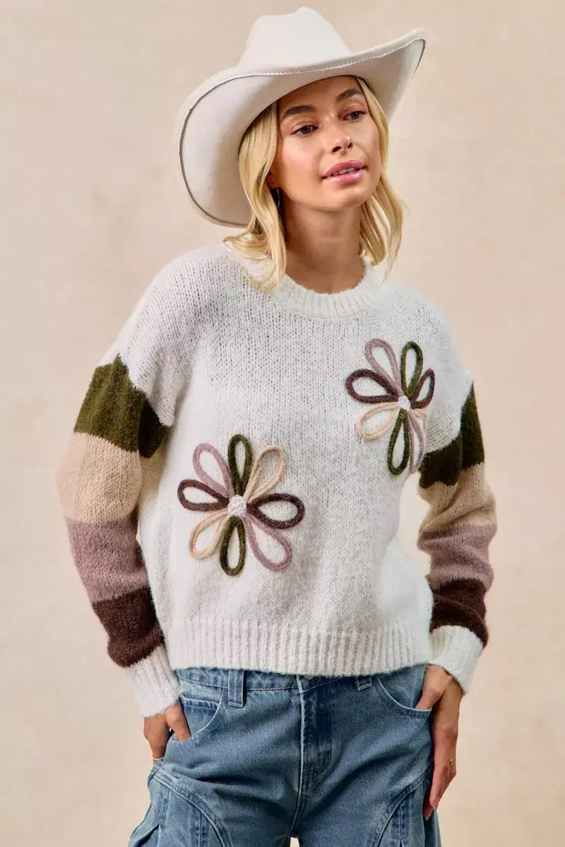 Ivory Flower Color Block Sweater for Stylish Wardrobe, Sweaters, $ 55.00, A Moment Of Now™