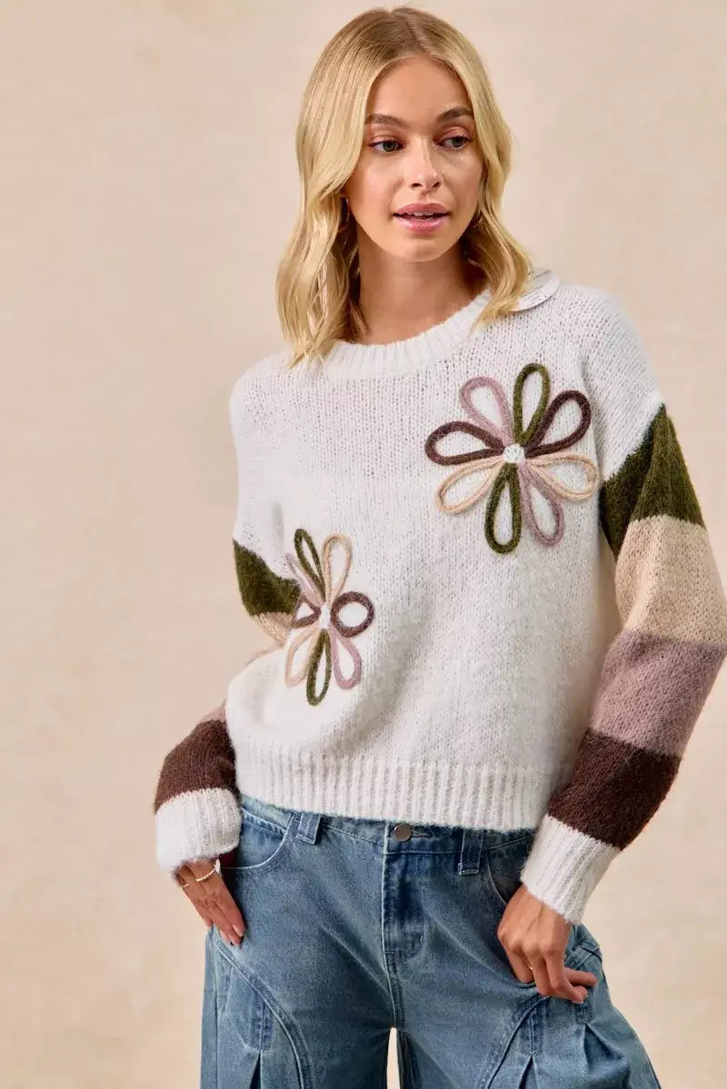 Ivory Flower Color Block Sweater for Stylish Wardrobe, Sweaters, $ 55.00, A Moment Of Now™