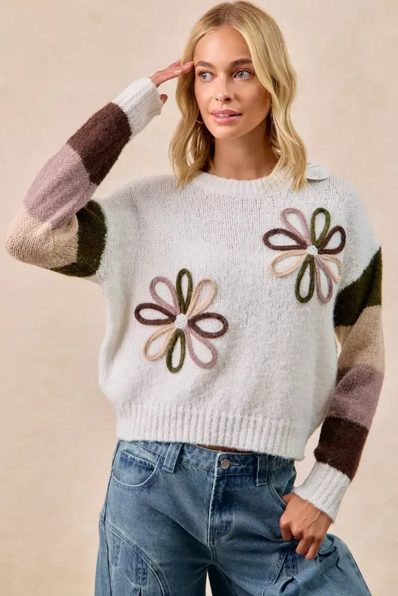 Ivory Flower Color Block Sweater for Stylish Wardrobe, Sweaters, $ 55.00, A Moment Of Now™