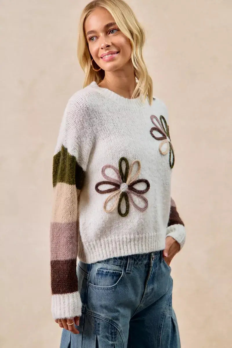 Ivory Flower Color Block Sweater for Stylish Wardrobe, Sweaters, $ 55.00, A Moment Of Now™