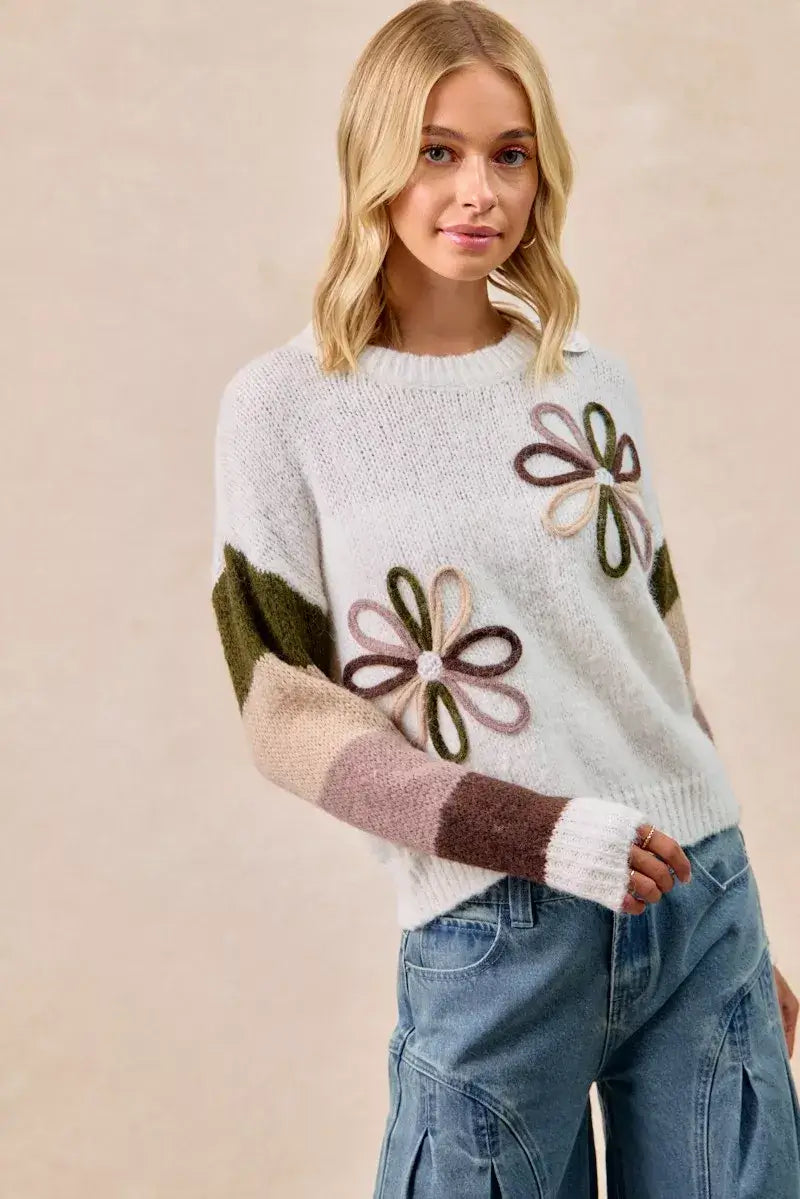 Ivory Flower Color Block Sweater for Stylish Wardrobe, Sweaters, $ 55.00, A Moment Of Now™
