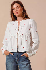 Ivory Front Tie Heart Embroidered Blouse With Puff Sleeve, Blouses, $ 59.00, A Moment Of Now™