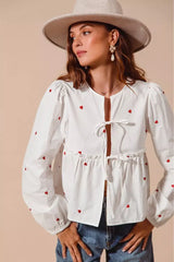 Ivory Front Tie Heart Embroidered Blouse With Puff Sleeve, Blouses, $ 59.00, A Moment Of Now™