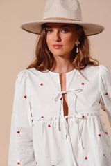 Ivory Front Tie Heart Embroidered Blouse With Puff Sleeve, Blouses, $ 59.00, A Moment Of Now™