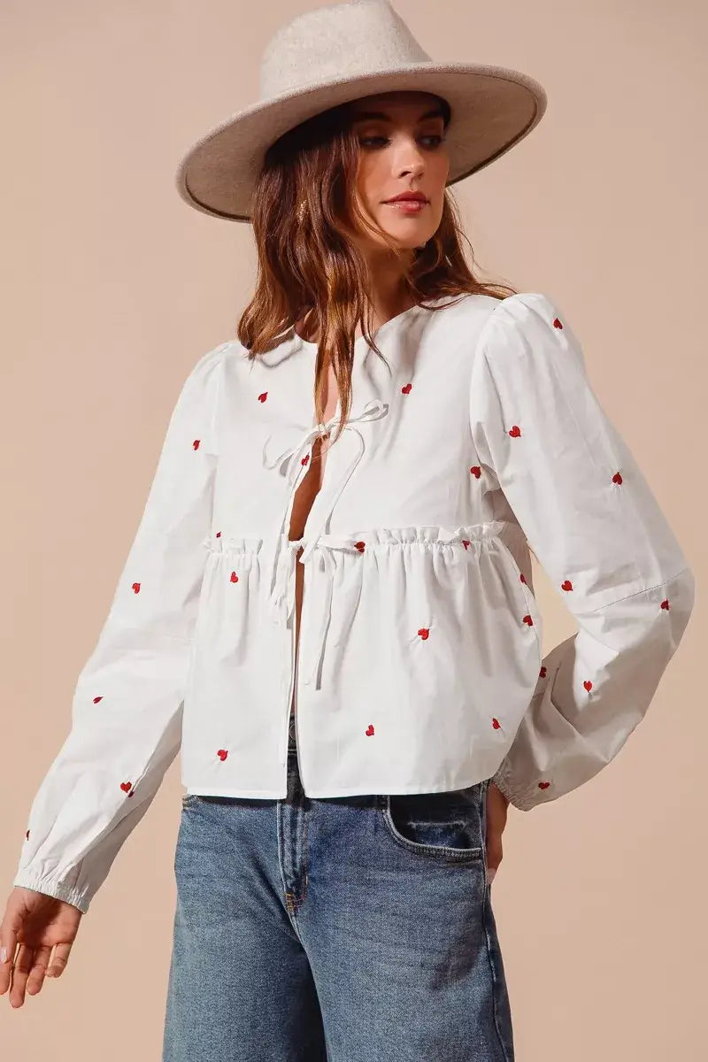 Ivory Front Tie Heart Embroidered Blouse With Puff Sleeve, Blouses, $ 59.00, A Moment Of Now™