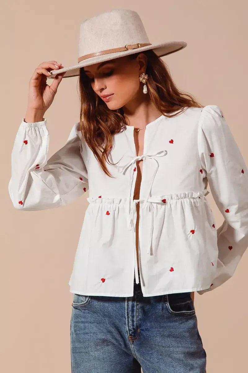 Ivory Front Tie Heart Embroidered Blouse With Puff Sleeve, Blouses, $ 59.00, A Moment Of Now™