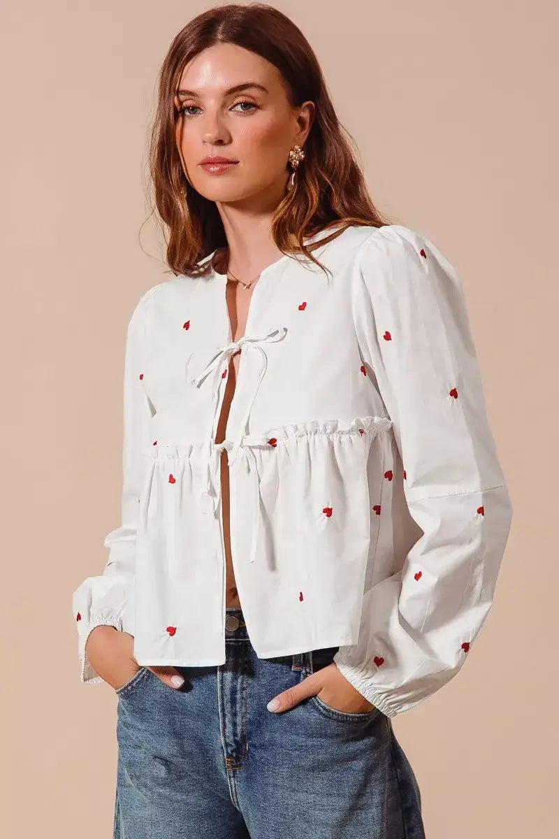 Ivory Front Tie Heart Embroidered Blouse With Puff Sleeve, Blouses, $ 59.00, A Moment Of Now™