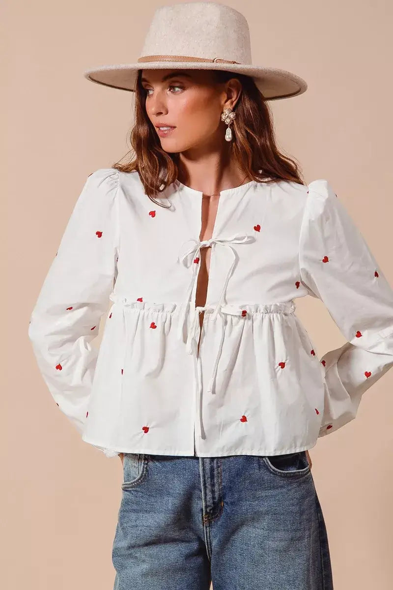 Ivory Front Tie Heart Embroidered Blouse With Puff Sleeve, Blouses, $ 59.00, A Moment Of Now™
