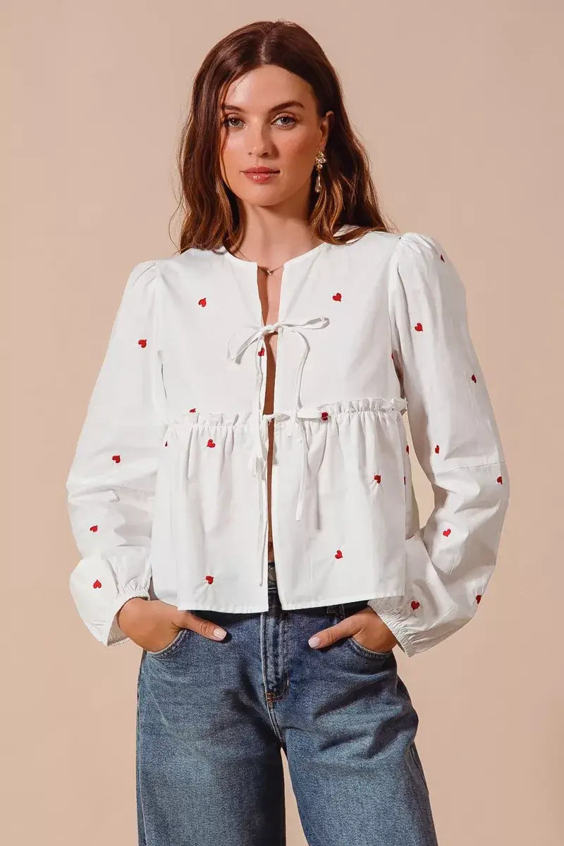Ivory Front Tie Heart Embroidered Blouse With Puff Sleeve, Blouses, $ 59.00, A Moment Of Now™