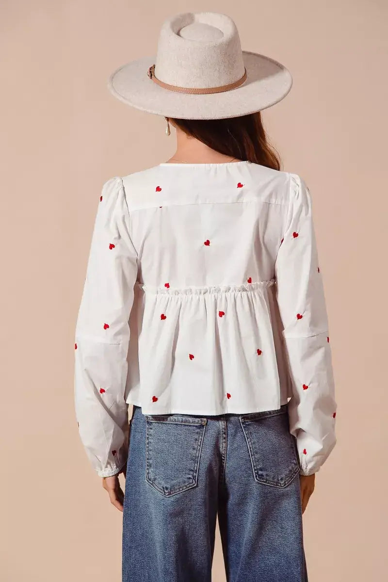 Ivory Front Tie Heart Embroidered Blouse With Puff Sleeve, Blouses, $ 59.00, A Moment Of Now™