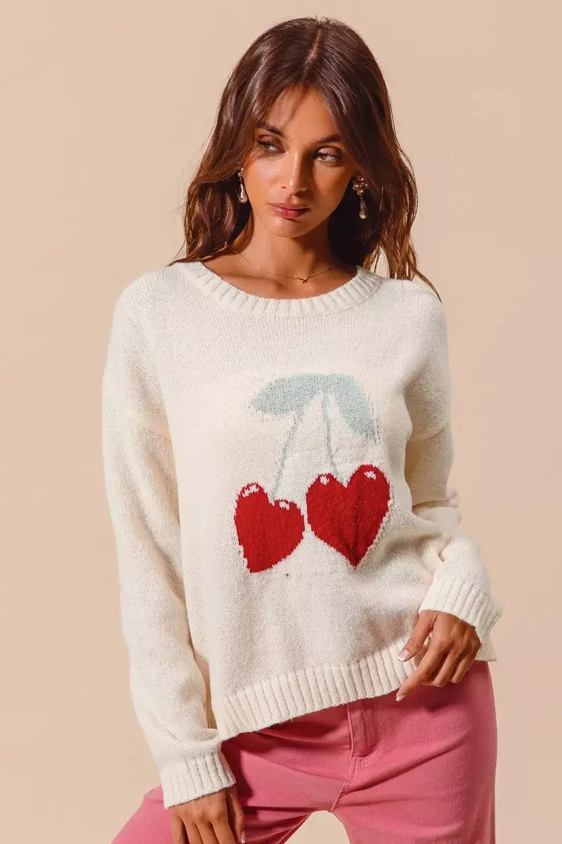 Ivory Heart Cherry Knitted Valentine Sweater Top, Sweaters, $ 49.00, A Moment Of Now™