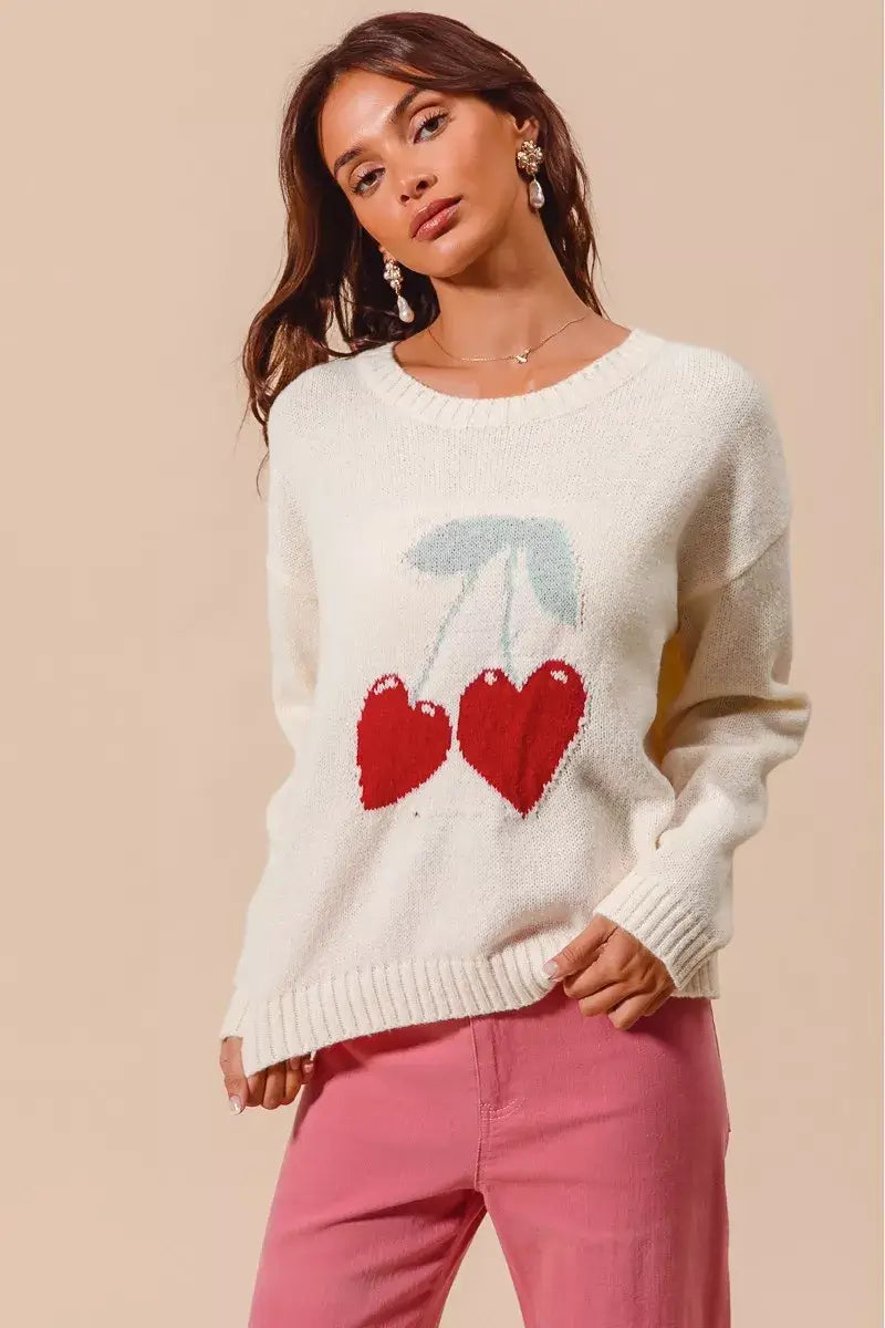 Ivory Heart Cherry Knitted Valentine Sweater Top, Sweaters, $ 49.00, A Moment Of Now™