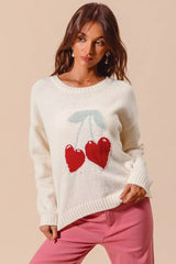 Ivory Heart Cherry Knitted Valentine Sweater Top, Sweaters, $ 49.00, A Moment Of Now™