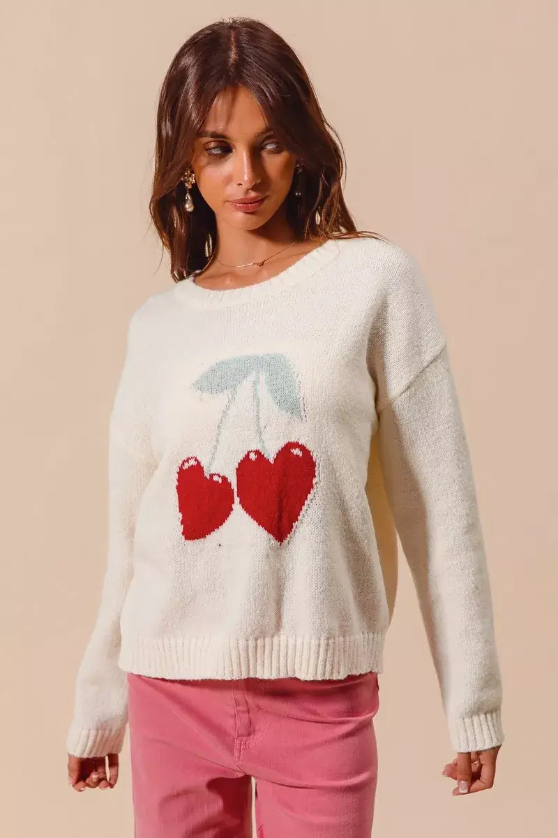 Ivory Heart Cherry Knitted Valentine Sweater Top, Sweaters, $ 49.00, A Moment Of Now™