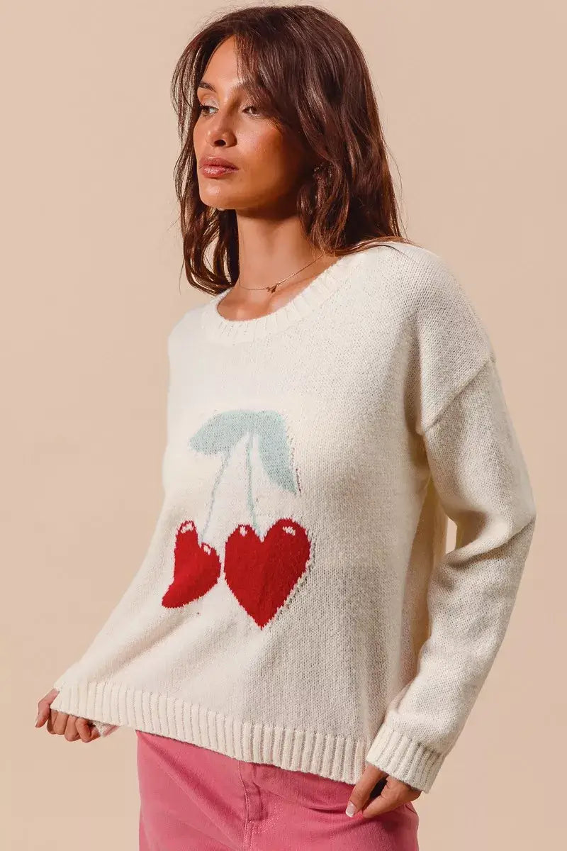 Ivory Heart Cherry Knitted Valentine Sweater Top, Sweaters, $ 49.00, A Moment Of Now™