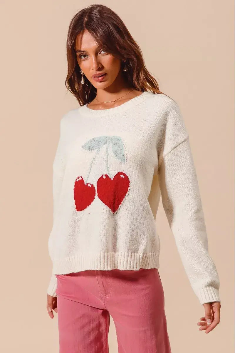 Ivory Heart Cherry Knitted Valentine Sweater Top, Sweaters, $ 49.00, A Moment Of Now™