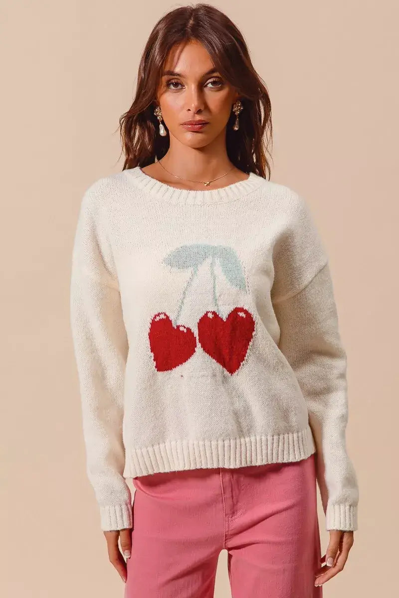 Ivory Heart Cherry Knitted Valentine Sweater Top, Sweaters, $ 49.00, A Moment Of Now™